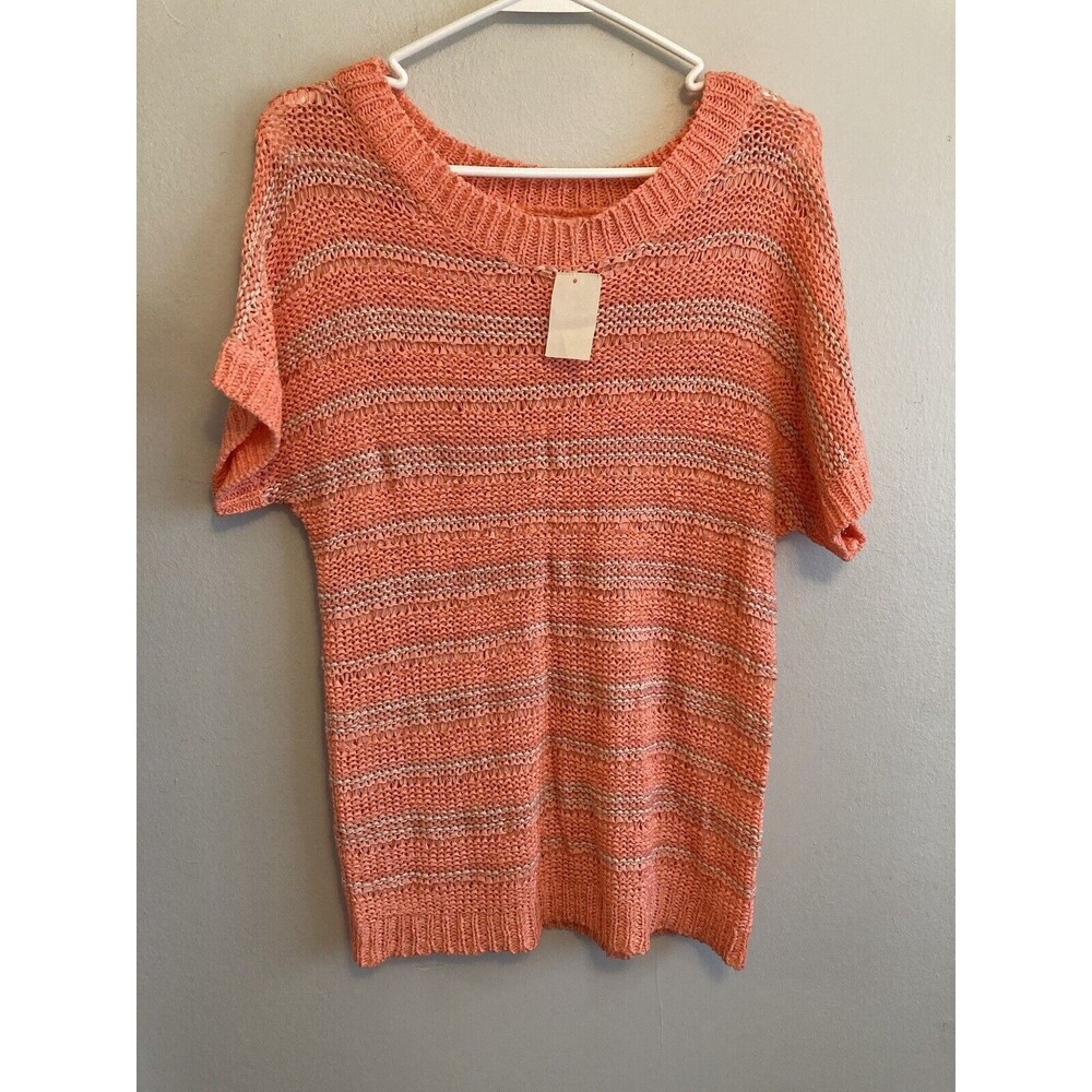 Cato Women’s Top Coral White Strip Short Sleeve Knit Round Neck Medium NWT